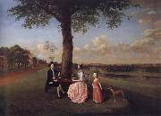 Arthur Devis Henry Fiennes Clinton,9th Earl of Lincoln,with his wife,Catherine and his son,George,on the great terrace at Oatlands France oil painting artist